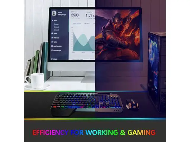 Alt view image 12 of 14 - Wireless gaming Keyboard and Mouse,Rainbow Backlit Rechargeable Keyboard Mouse with 3800mAh Battery Metal Panel,Removable Hand Rest Mechanical Feel Keyboard and 7 Color Gaming Mute Mouse for PC Gamers