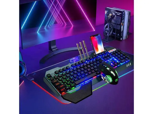 Alt view image 14 of 14 - Wireless gaming Keyboard and Mouse,Rainbow Backlit Rechargeable Keyboard Mouse with 3800mAh Battery Metal Panel,Removable Hand Rest Mechanical Feel Keyboard and 7 Color Gaming Mute Mouse for PC Gamers