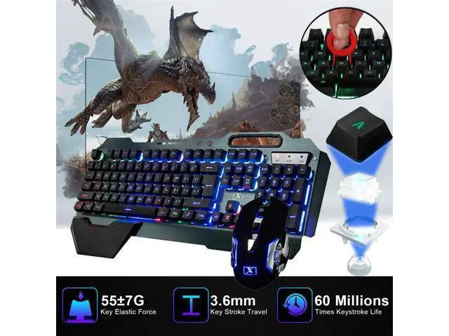 Alt view image 13 of 14 - Wireless gaming Keyboard and Mouse,Rainbow Backlit Rechargeable Keyboard Mouse with 3800mAh Battery Metal Panel,Removable Hand Rest Mechanical Feel Keyboard and 7 Color Gaming Mute Mouse for PC Gamers