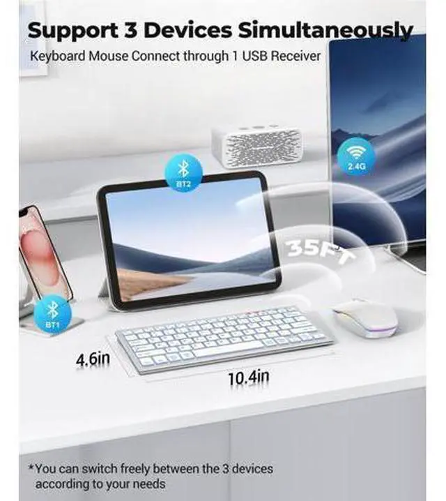 Alt view image 7 of 10 - FENISIO Keyboard and Mouse, Bluetooth Slim Compact Keyboard Wireless, Scissor Switch Keyboard and Silent USB Mouse, Rechargeable Keyboard Mouse Combo for PC Laptop iPad Mac