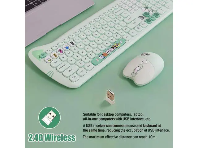 Alt view image 8 of 10 - Cute Cat 2.4G USB Wireless Keyboard and Mouse Combo, Silent Keys, Candy Colors, Compatible with Notebook, PC (Green-110Keys)