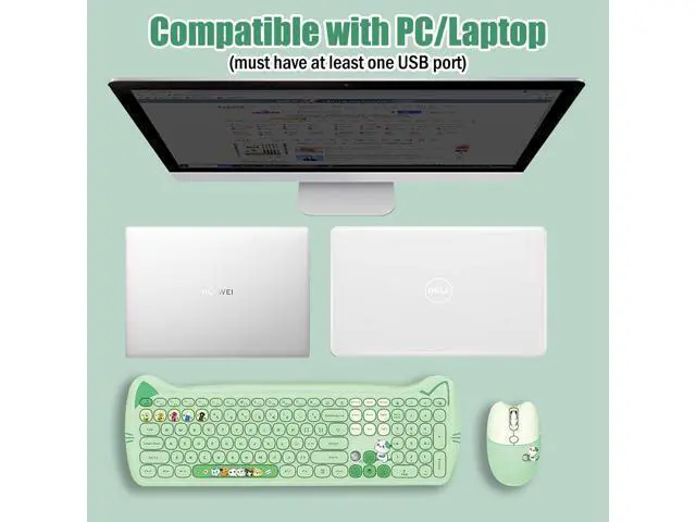Alt view image 9 of 10 - Cute Cat 2.4G USB Wireless Keyboard and Mouse Combo, Silent Keys, Candy Colors, Compatible with Notebook, PC (Green-110Keys)