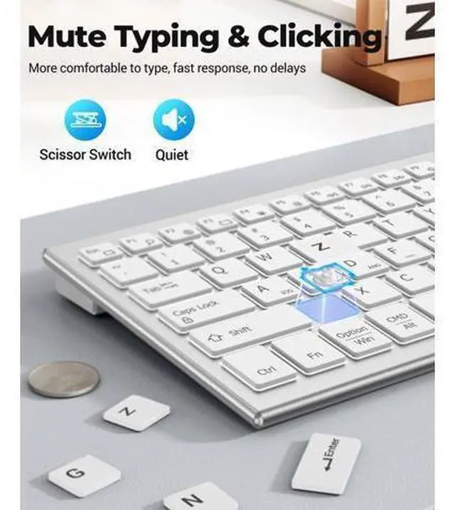 Alt view image 8 of 10 - FENISIO Keyboard and Mouse, Bluetooth Slim Compact Keyboard Wireless, Scissor Switch Keyboard and Silent USB Mouse, Rechargeable Keyboard Mouse Combo for PC Laptop iPad Mac