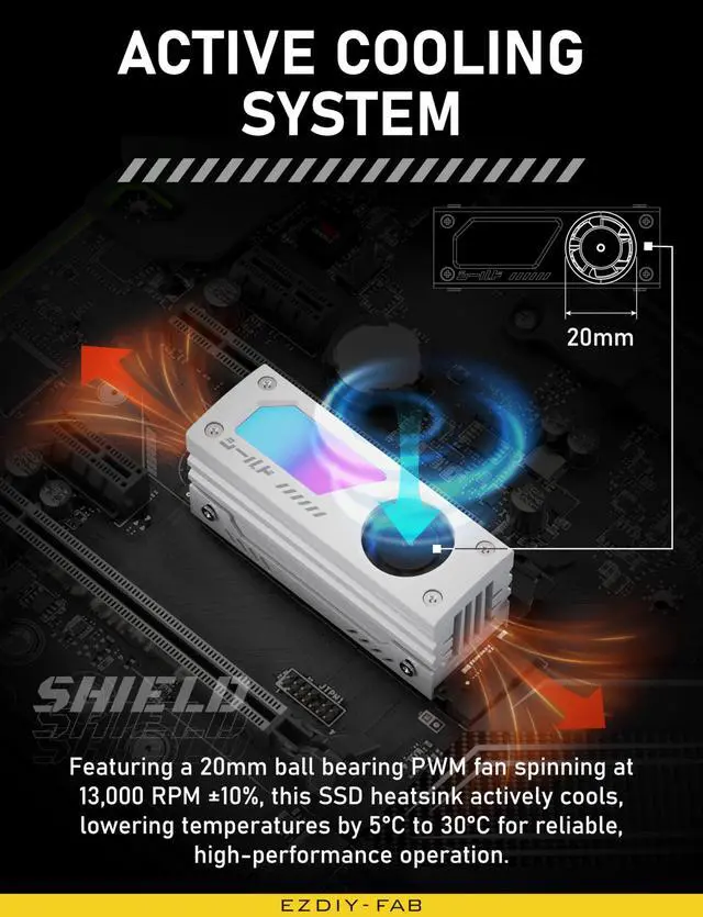 Alt view image 12 of 14 - Shield ARGB M.2 SSD Heatsink with Build-in 20mm PWM Fan, Premium Aluminum Design,5V 3-Pin ARGB Sync, High-Performance SSD Cooler for M.2 2280-White-1 Pack