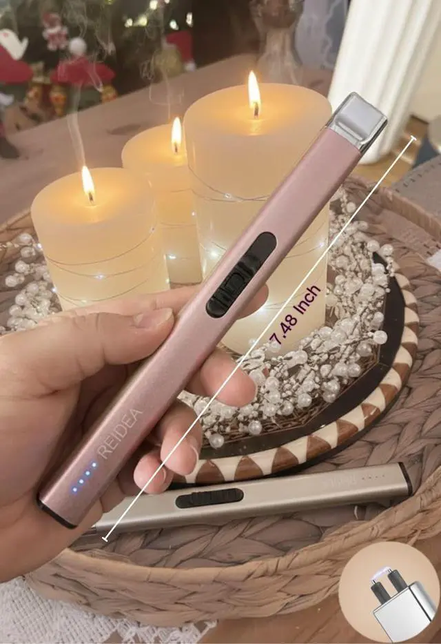 Alt view image 2 of 7 - Electric Lighter, R1 Pro Windproof Flameless USB Rechargeable Arc with Safe Button and Power Indicator for Candle, BBQ and Fireworks, Rose Gold