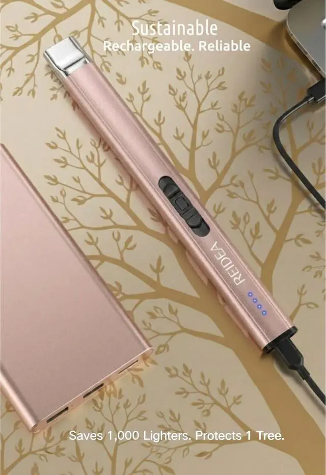 Alt view image 3 of 7 - Electric Lighter, R1 Pro Windproof Flameless USB Rechargeable Arc with Safe Button and Power Indicator for Candle, BBQ and Fireworks, Rose Gold