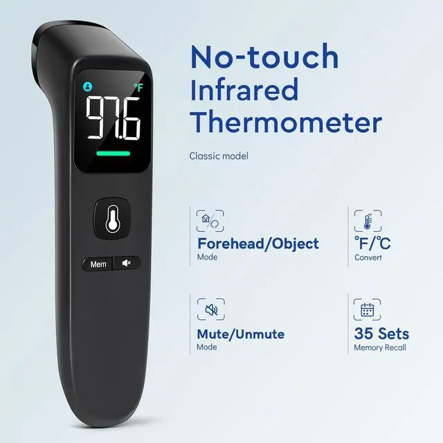 Alt view image 2 of 7 - No-Touch Thermometer for Adults and Kids - Digital Forehead Thermometer with High Accuracy, Ultra Clear LEDScreen and Fever Alarm