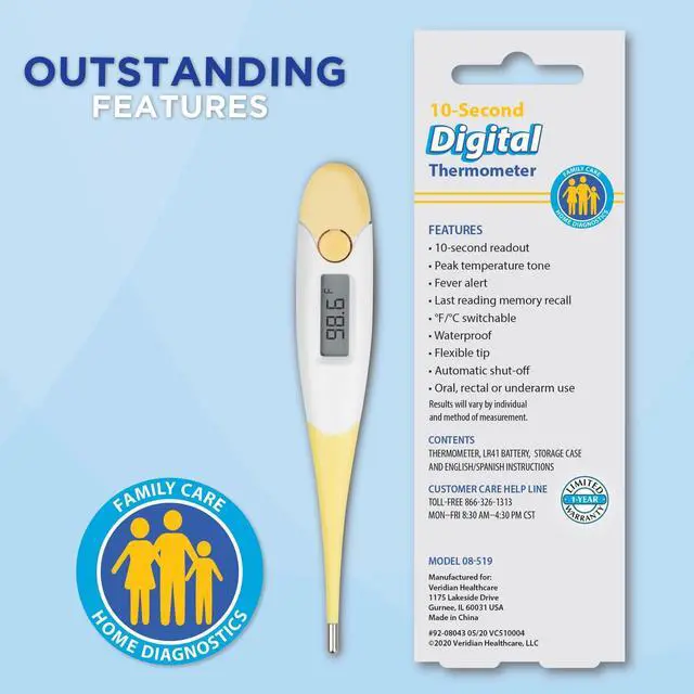 Alt view image 3 of 7 - Digital Thermometer | 10-Second Readout | F C Temperature Modes| Flexible Tip | Hygienic Water-Resistant Easy Cleaning | Storage Case + Instructions Included