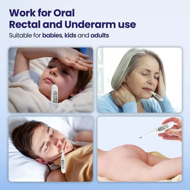 Alt view image 3 of 7 - Thermometer for Adults and Kids, Digital Thermometer with Fever Alert, Memory Recall, C/F Switchable, for Oral, Rectal or Under Arm Use, Grey