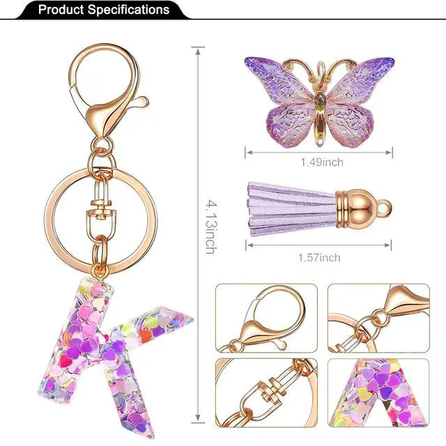 Alt view image 3 of 6 - Initial letter Keychains for Women Tassel Butterfly Pink Cute Car Keychain for Wallet Purses Backpack (Purple K)