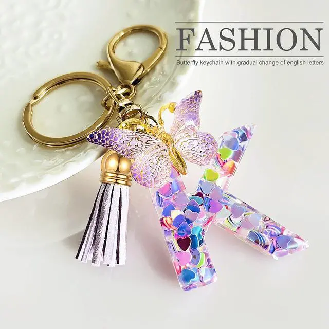 Alt view image 2 of 6 - Initial letter Keychains for Women Tassel Butterfly Pink Cute Car Keychain for Wallet Purses Backpack (Purple K)
