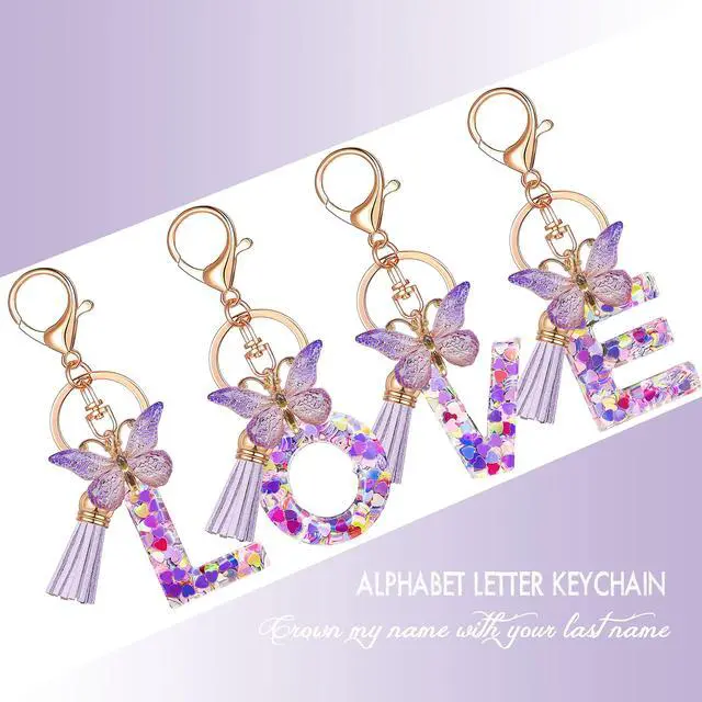 Alt view image 4 of 6 - Initial letter Keychains for Women Tassel Butterfly Pink Cute Car Keychain for Wallet Purses Backpack (Purple K)
