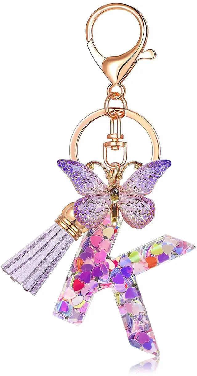 Main image of Initial letter Keychains for Women Tassel Butterfly Pink Cute Car Keychain for Wallet Purses Backpack (Purple K)