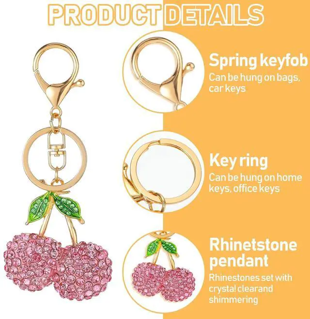Alt view image 2 of 7 - Rhinestone Cherry Keychain - Sparkling Fruit Bag Charm With Leaves Keyring for Purse, Wallet, Handbags, Car Accessories (Pink)