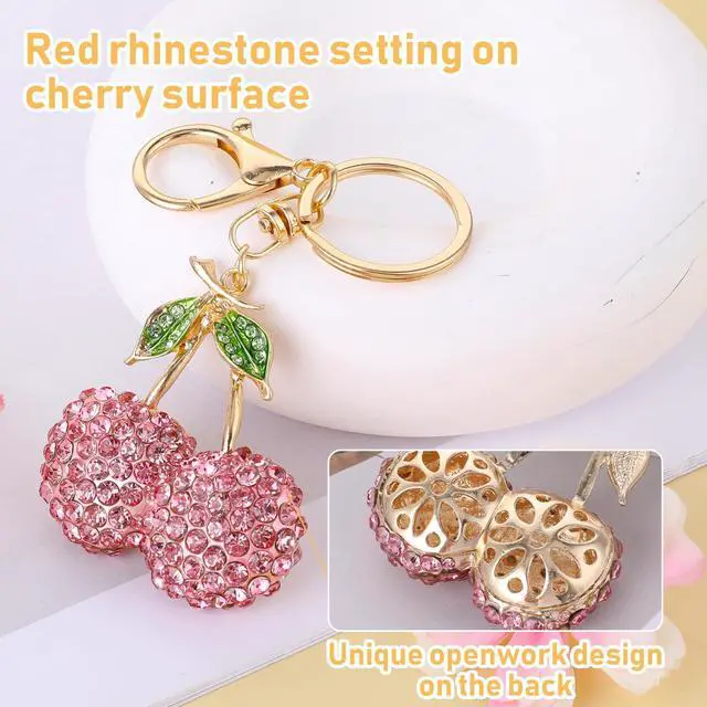 Alt view image 3 of 7 - Rhinestone Cherry Keychain - Sparkling Fruit Bag Charm With Leaves Keyring for Purse, Wallet, Handbags, Car Accessories (Pink)