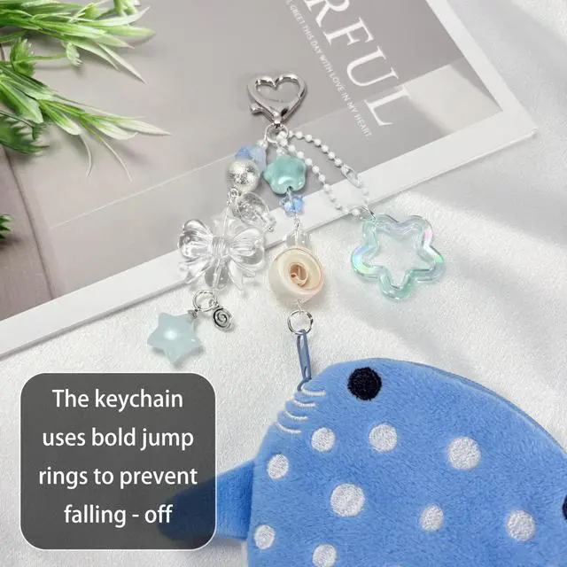 Alt view image 4 of 7 - Whale Shark Coin Purse Keychain,Cute Plush Change Purse with Zipper Keychain,Kawaii Handmade Wallet Coin Pouches,Heart Star Butterfly Key Chain Bag Charm for Women(Blue)