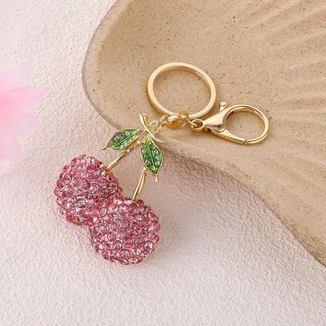 Alt view image 7 of 7 - Rhinestone Cherry Keychain - Sparkling Fruit Bag Charm With Leaves Keyring for Purse, Wallet, Handbags, Car Accessories (Pink)