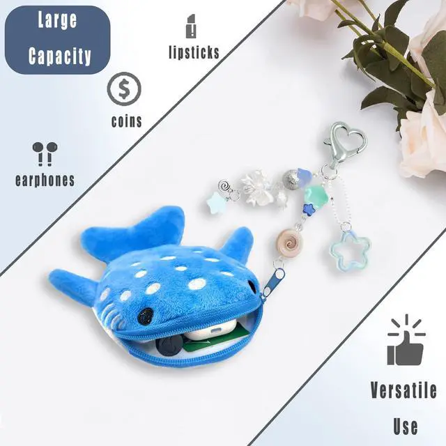 Alt view image 6 of 7 - Whale Shark Coin Purse Keychain,Cute Plush Change Purse with Zipper Keychain,Kawaii Handmade Wallet Coin Pouches,Heart Star Butterfly Key Chain Bag Charm for Women(Blue)