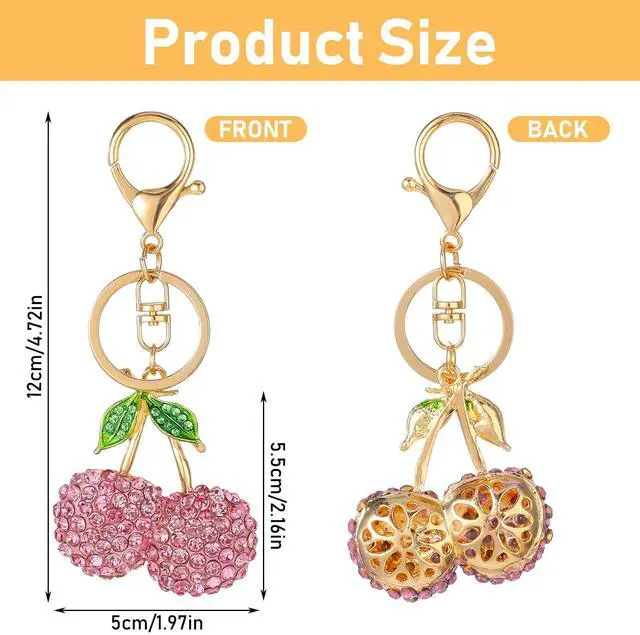 Alt view image 5 of 7 - Rhinestone Cherry Keychain - Sparkling Fruit Bag Charm With Leaves Keyring for Purse, Wallet, Handbags, Car Accessories (Pink)