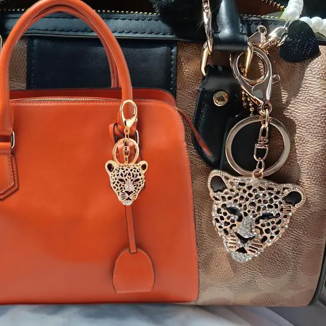 Alt view image 5 of 6 - Leopard Bag Pendant, Purse Charms,1.81×1.65 in Leopard Charm, Gold Rhinestone Keychain, Cute Cheetah Head Purse Key Ring Chain Sparkling Crystal Charming for Lady Girlfriend