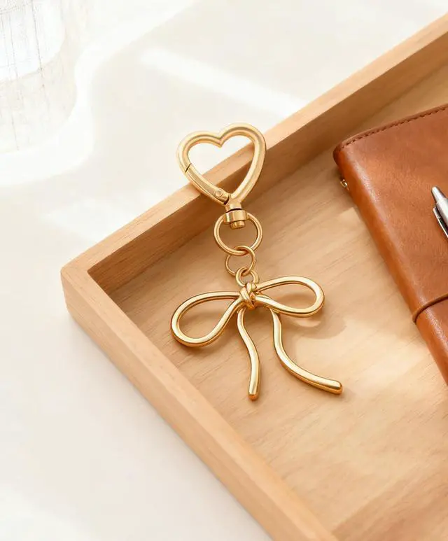 Alt view image 2 of 7 - Cute Bow Keychain Elegant Bow Bag Charm Heart Keychain for Women Keys Bag Purse Decor Friend Sister Family Gifts (Gold A)