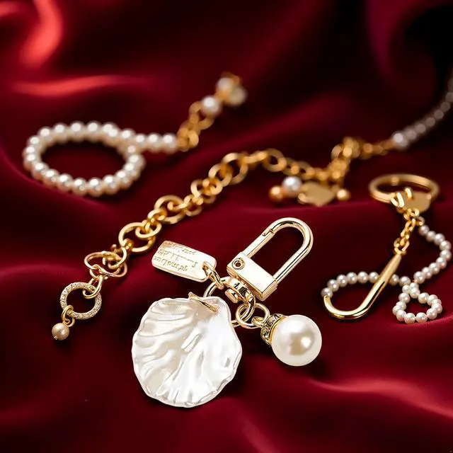Alt view image 4 of 7 - Gold Pendant Handbag Rhinestones Keychain Keyring Shell Purse Charm Crystal Pearl Keychains Car Ring Accessories
