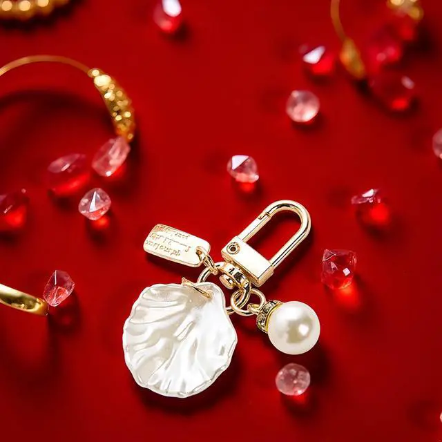 Alt view image 5 of 7 - Gold Pendant Handbag Rhinestones Keychain Keyring Shell Purse Charm Crystal Pearl Keychains Car Ring Accessories
