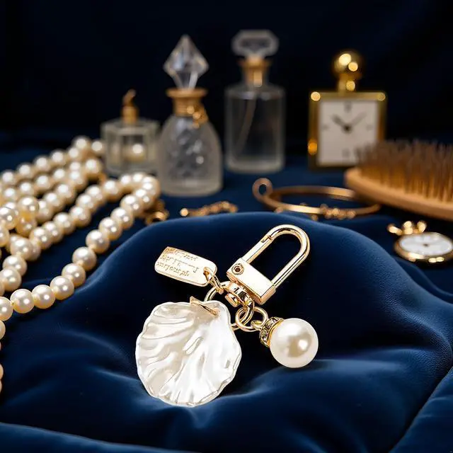Alt view image 7 of 7 - Gold Pendant Handbag Rhinestones Keychain Keyring Shell Purse Charm Crystal Pearl Keychains Car Ring Accessories