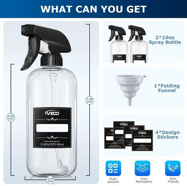 Alt view image 3 of 7 - 300mL (10oz) 360° Spray Bottles, 2-Pack Adjustable Nozzle, Leak-Resistant spray bottles for Cleaning, Plants, Hair & Pet Use + Foldable Funnel