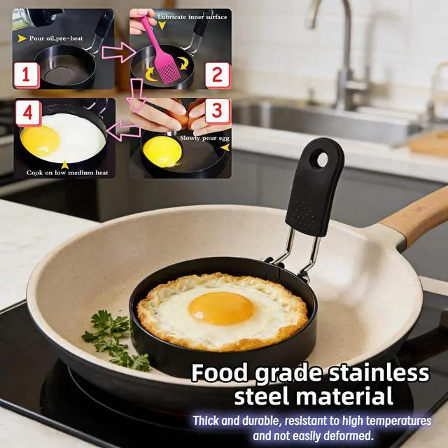 Alt view image 3 of 7 - Stainless Steel Egg Rings 3.5 Inch for Pancakes, Non-Stick Egg Mold with Silicone Handle, No-Leak Breakfast Round Mold for Frying Eggs, English Muffins, Burgers, Dishwasher Safe