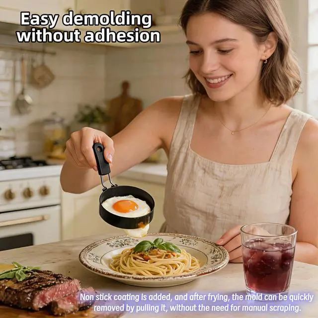 Alt view image 2 of 7 - Stainless Steel Egg Rings 3.5 Inch for Pancakes, Non-Stick Egg Mold with Silicone Handle, No-Leak Breakfast Round Mold for Frying Eggs, English Muffins, Burgers, Dishwasher Safe