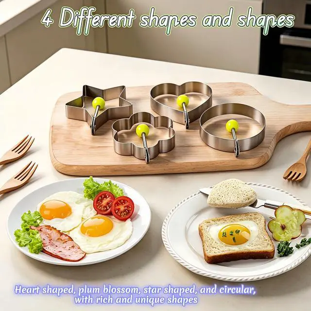 Alt view image 2 of 7 - Stainless Steel Egg Rings 4 Pack 3.5 Inch Non Stick Fried Egg Mold for Frying Pan, Omelette Ring Set for Breakfast Sandwich, Heart Star Flower Round Pancake Cooking Tool