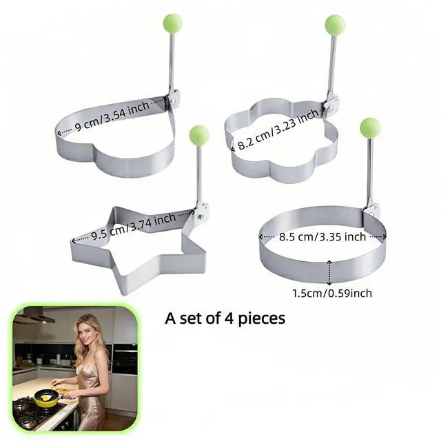 Alt view image 6 of 7 - Stainless Steel Egg Rings 4 Pack 3.5 Inch Non Stick Fried Egg Mold for Frying Pan, Omelette Ring Set for Breakfast Sandwich, Heart Star Flower Round Pancake Cooking Tool