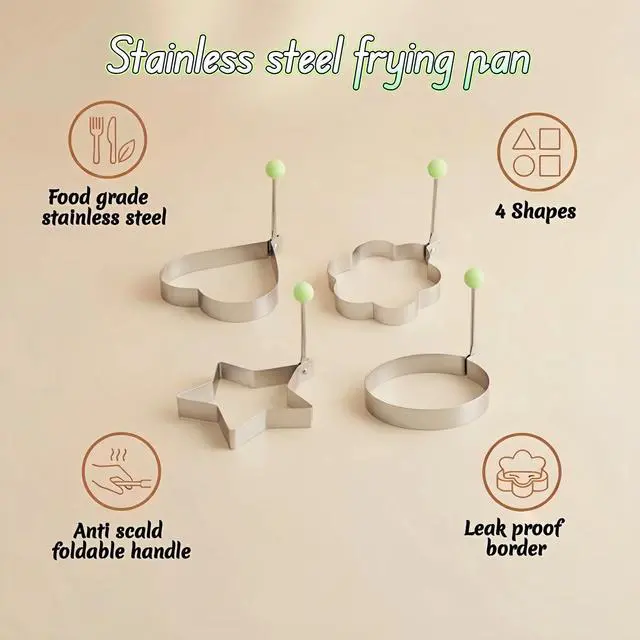 Alt view image 5 of 7 - Stainless Steel Egg Rings 4 Pack 3.5 Inch Non Stick Fried Egg Mold for Frying Pan, Omelette Ring Set for Breakfast Sandwich, Heart Star Flower Round Pancake Cooking Tool