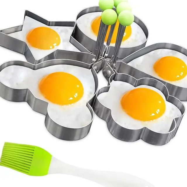 Alt view image 4 of 7 - Egg Pancake Rings,5pcs Fried Egg Molds in Star, Round, Heart Different Shaped,Stainless Steel Omelette Frying Cooking Tools Kitchen Accessories Gadget Rings,with a Silicone Pastry Brush,Set of 5