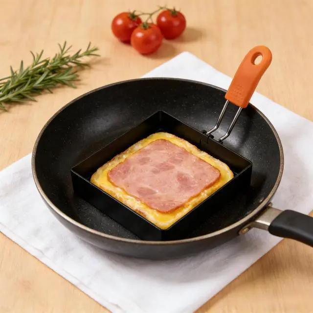 Alt view image 4 of 7 - 2-Pack Round & Square Egg Rings Set with Orange Silicone Handle, Non-stick Stainless Steel Egg Molds for Pancakes, Mcmuffins, Sandwiches & Breakfast Cooking