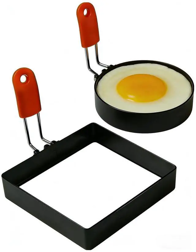 Main image of 2-Pack Round & Square Egg Rings Set with Orange Silicone Handle, Non-stick Stainless Steel Egg Molds for Pancakes, Mcmuffins, Sandwiches & Breakfast Cooking