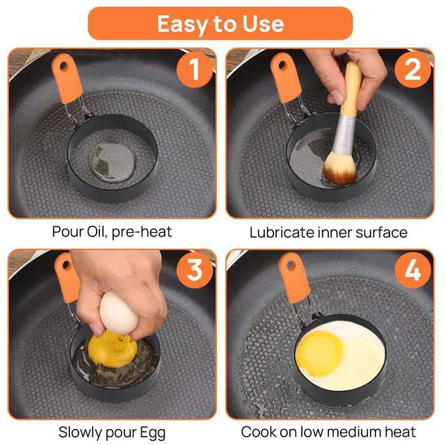 Alt view image 6 of 7 - 2-Pack Round & Square Egg Rings Set with Orange Silicone Handle, Non-stick Stainless Steel Egg Molds for Pancakes, Mcmuffins, Sandwiches & Breakfast Cooking