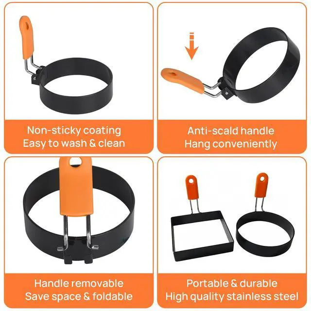 Alt view image 3 of 7 - 2-Pack Round & Square Egg Rings Set with Orange Silicone Handle, Non-stick Stainless Steel Egg Molds for Pancakes, Mcmuffins, Sandwiches & Breakfast Cooking