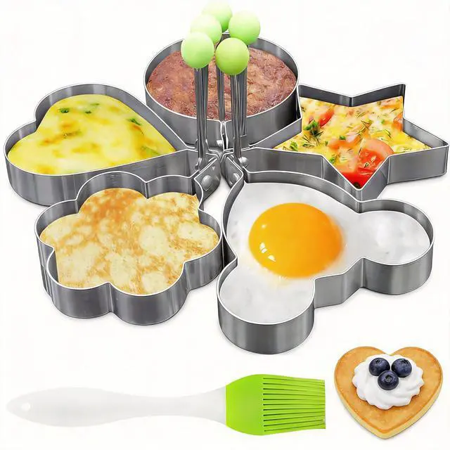 Main image of Pancake & Egg Mold Set 5 Stainless Steel Shapes for Kids Breakfast NonStick Egg Rings for Frying Eggs, Omelets & Mini Pancakes Heart, Star, Flower, Circle & Mouse HeatSafe, Dishwasher Safe