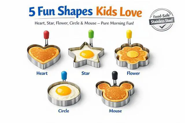 Alt view image 3 of 7 - Pancake & Egg Mold Set 5 Stainless Steel Shapes for Kids Breakfast NonStick Egg Rings for Frying Eggs, Omelets & Mini Pancakes Heart, Star, Flower, Circle & Mouse HeatSafe, Dishwasher Safe