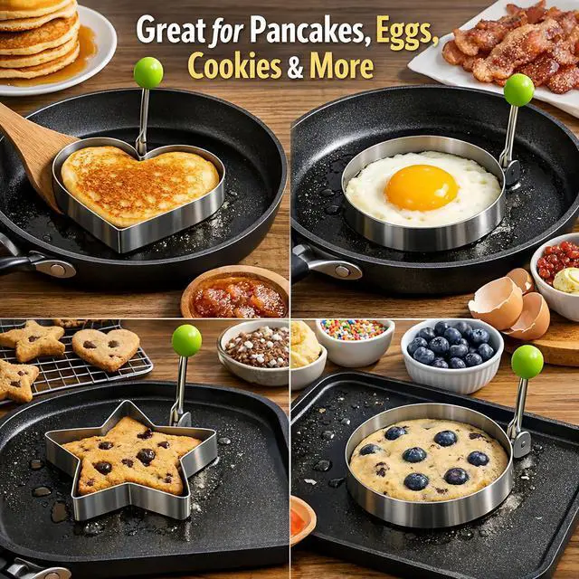 Alt view image 7 of 7 - Pancake & Egg Mold Set 5 Stainless Steel Shapes for Kids Breakfast NonStick Egg Rings for Frying Eggs, Omelets & Mini Pancakes Heart, Star, Flower, Circle & Mouse HeatSafe, Dishwasher Safe
