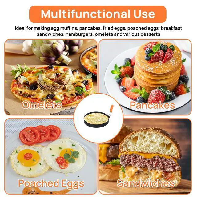 Alt view image 5 of 7 - 2-Pack Round & Square Egg Rings Set with Orange Silicone Handle, Non-stick Stainless Steel Egg Molds for Pancakes, Mcmuffins, Sandwiches & Breakfast Cooking