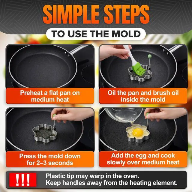 Alt view image 5 of 6 - 5 Pcs Pancake Molds for Griddle Stainless Steel Heart Shaped Pancake Mold Set with Ring, Star, Cloud & Mouse Fun Shapes Fried Egg Molds with Foldable Handles for Omelets, Egg Sandwiches & Pancakes