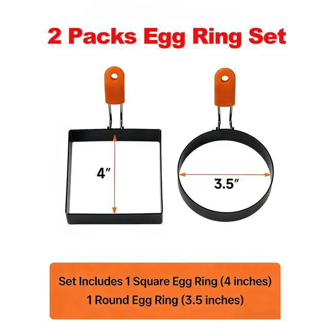 Alt view image 2 of 7 - 2-Pack Round & Square Egg Rings Set with Orange Silicone Handle, Non-stick Stainless Steel Egg Molds for Pancakes, Mcmuffins, Sandwiches & Breakfast Cooking