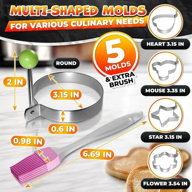 Alt view image 2 of 7 - 5 Pcs Pancake Mold Set Stainless Steel Pancake Molds for Griddle with Fun Shapes, Foldable Handles Egg Shaper for Frying Pan with Silicone Brush for Pancakes, Omelets, Egg Sandwiches & Hash Browns