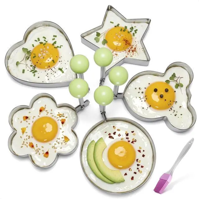 Main image of 5 Pcs Pancake Mold Set Stainless Steel Pancake Molds for Griddle with Fun Shapes, Foldable Handles Egg Shaper for Frying Pan with Silicone Brush for Pancakes, Omelets, Egg Sandwiches & Hash Browns