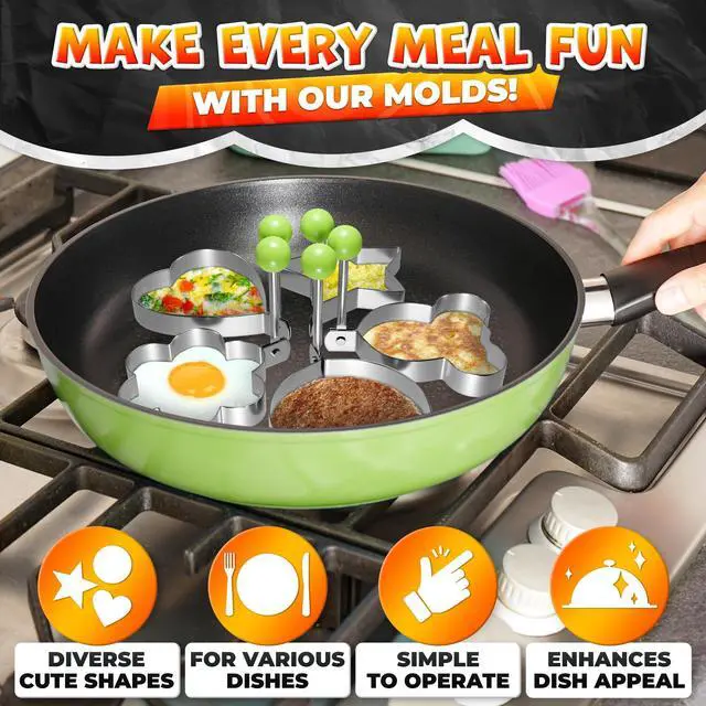 Alt view image 4 of 7 - 5 Pcs Pancake Mold Set Stainless Steel Pancake Molds for Griddle with Fun Shapes, Foldable Handles Egg Shaper for Frying Pan with Silicone Brush for Pancakes, Omelets, Egg Sandwiches & Hash Browns