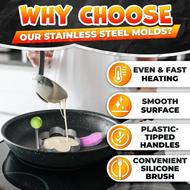 Alt view image 3 of 7 - 5 Pcs Pancake Mold Set Stainless Steel Pancake Molds for Griddle with Fun Shapes, Foldable Handles Egg Shaper for Frying Pan with Silicone Brush for Pancakes, Omelets, Egg Sandwiches & Hash Browns
