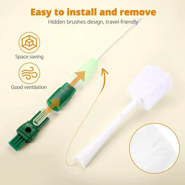 Alt view image 3 of 7 - 5 Pack Bottle Brush Set, 5-in-1 Water Bottle Cleaner Brush, 15"" Long Handle Bottle Cleaning Brush, 3 Straw Brush, Removable Nipple Brush, Detail Brush for Cup Lid Gap, WBBSBLB5
